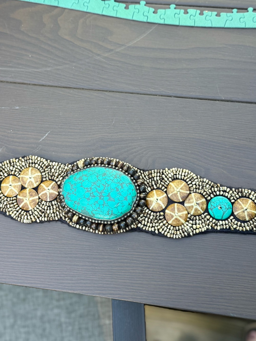 Wood Beaded  Belt Boho Tribal Western Brown Turquoise Sedona vintage heavy